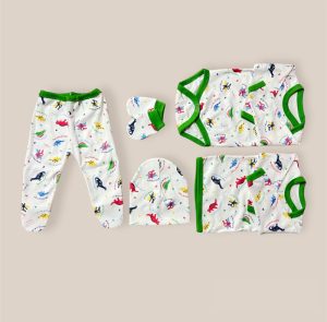 Ajuar Estampado Verde de Algodón para Bebé – 5 Piezas