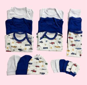 Pack 3 Ajuares de Algodón Azul para Bebé – 15 Piezas