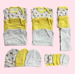 Pack 3 Ajuares de Algodón Amarillo para Bebé – 15 Piezas