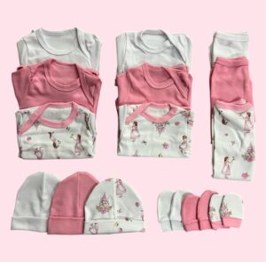 Pack 3 Ajuares de Algodón Rosado para Bebé – 15 Piezas