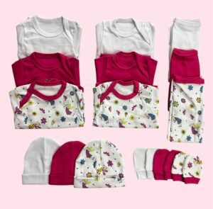 Pack 3 Ajuares de Algodón Fucsia para Bebé – 15 Piezas