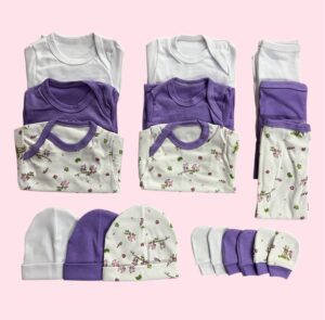 Pack 3 Ajuares de Algodón Lila para Bebé – 15 Piezas
