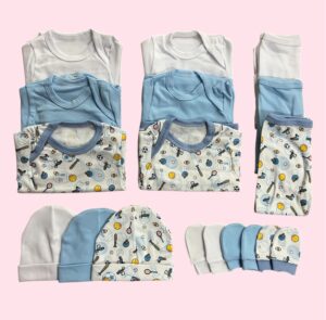 Pack 3 Ajuares de Algodón Celeste para Bebé – 15 Piezas