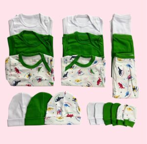 Pack 3 Ajuares de Algodón Verde para Bebé – 15 Piezas