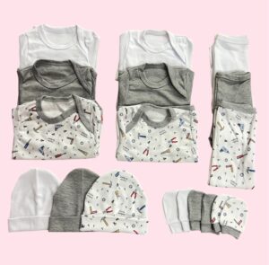 Pack 3 Ajuares de Algodón Gris para Bebé – 15 Piezas